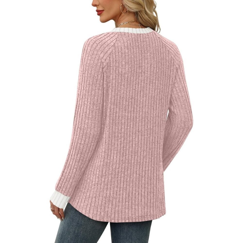 Women's 04-Pink Long Sleeve Sweaters Shirts Lightweight Block Outfit Clothing - Picture 5 of 5